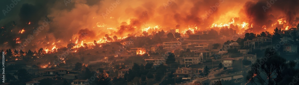 Obraz premium Intense Wildfire Raging Through Residential Area with Thick Smoke and Flames Engulfing Homes