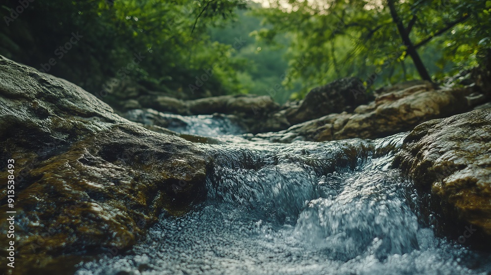 Fototapeta premium The mountain river in Crimea's Grand Canyon flows with clear, rushing water, winding its way through rugged forest and rocky terrain.