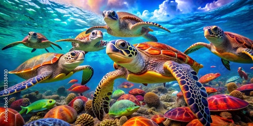 Sea Turtle Symphony A Colorful Underwater Tapestry, sea turtle, underwater, coral reef, ocean photo