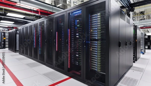 Modern Data Center Featuring Server Racks and Networking Equipment in a Well-Organized Space