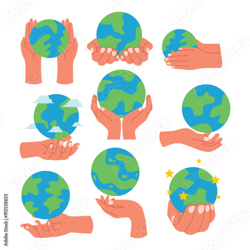 Set of hands holding earth globe set collection, save the planet concept, Earth day and ecology concept, earth in hands, protecting our earth planet, Saving the planet,environment, Sustainability.