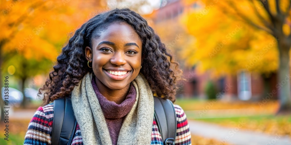 Smiling Black Woman in Autumn, Portrait, Golden Leaves, Backpack, Fall, College , Student Smiling Black Woman in Autumn, Portrait, Golden Leaves, Backpack, Fall, College , Student