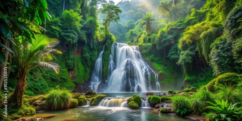 Serene Waterfall in Lush Rainforest, Sunlight Filtering Through Canopy, Moss-Covered Rocks, Long Exposure, Tropical Paradise, waterfall, rainforest