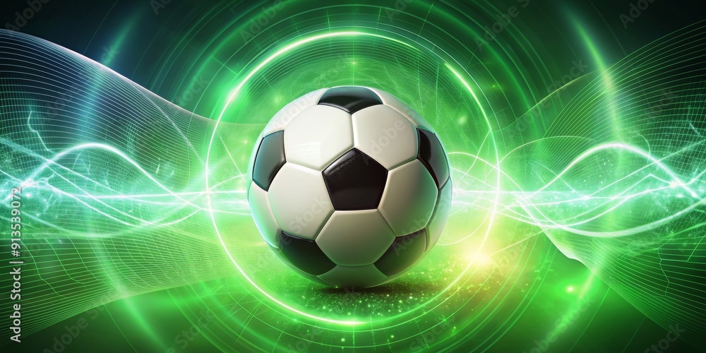 Naklejka premium Soccer Ball in Green Abstract Light, Soccer, Sport, Abstract, Futuristic