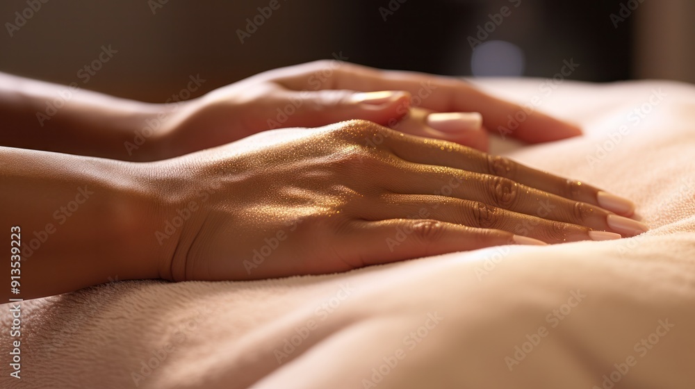 Fototapeta premium Close-up of elegant hands providing a soothing spa massage to a woman flawless skin. The image captures the gentle, restorative touch of the massage and the smooth texture of the skin