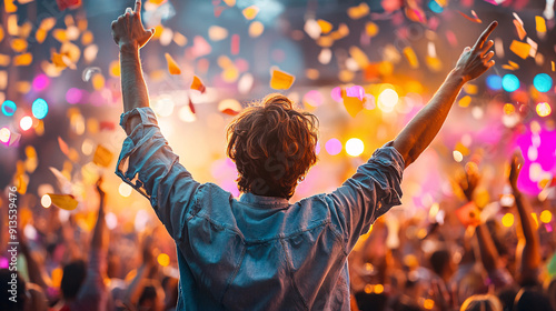 Wallpaper Mural A man is standing in a crowd of people, holding his hands up in the air. The scene is lively and energetic, with people dancing and celebrating. Torontodigital.ca