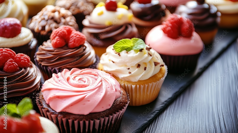 A tray with tasty cakes, close-up. A tray with tasty cakes, close-up.