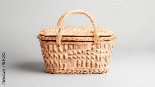 A picnic basket with a double lid, woven from natural willow--style raw