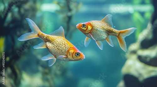 Two separate ordinary scalare (Angelfish) and Carassius auratus, widely known as goldfish, in an aquarium. Horizontal image.