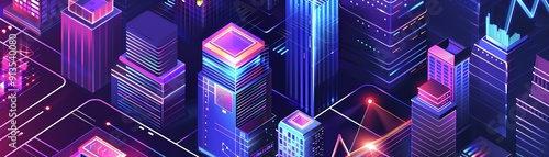 Isometric cityscape with skyscrapers, charts, and graphs, representing urban planning and statistics
