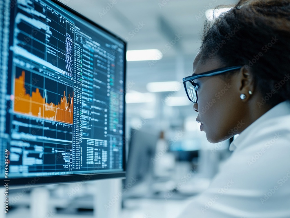 Mature African woman, exuding confidence, analyzing financial data on a large monitor, organized office, modern and professional Mature African woman, exuding confidence, analyzing financial data on a large monitor, organized office, modern and professional