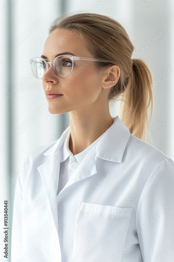 A woman in a lab coat, presenting a new biotech product in a corporate office A woman in a lab coat, presenting a new biotech product in a corporate office