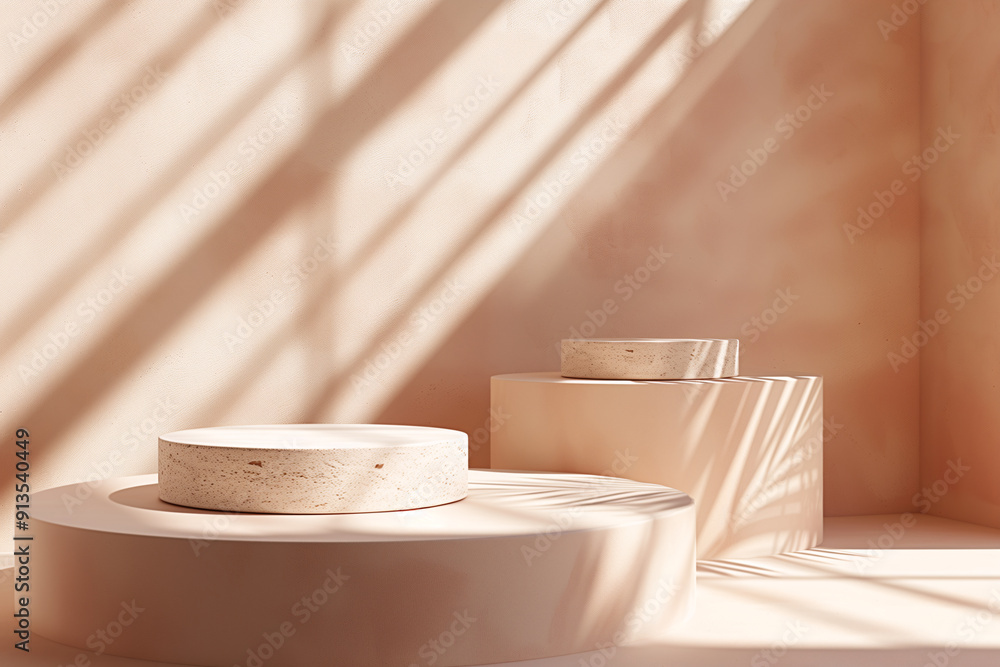 A minimal and elegant background for product presentation with two round podiums, a soft peach color tone, blurred shadows. A minimal and elegant background for product presentation with two round podiums, a soft peach color tone, blurred shadows.