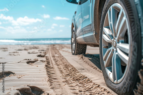 Car parked with its tires on a sandy beach
