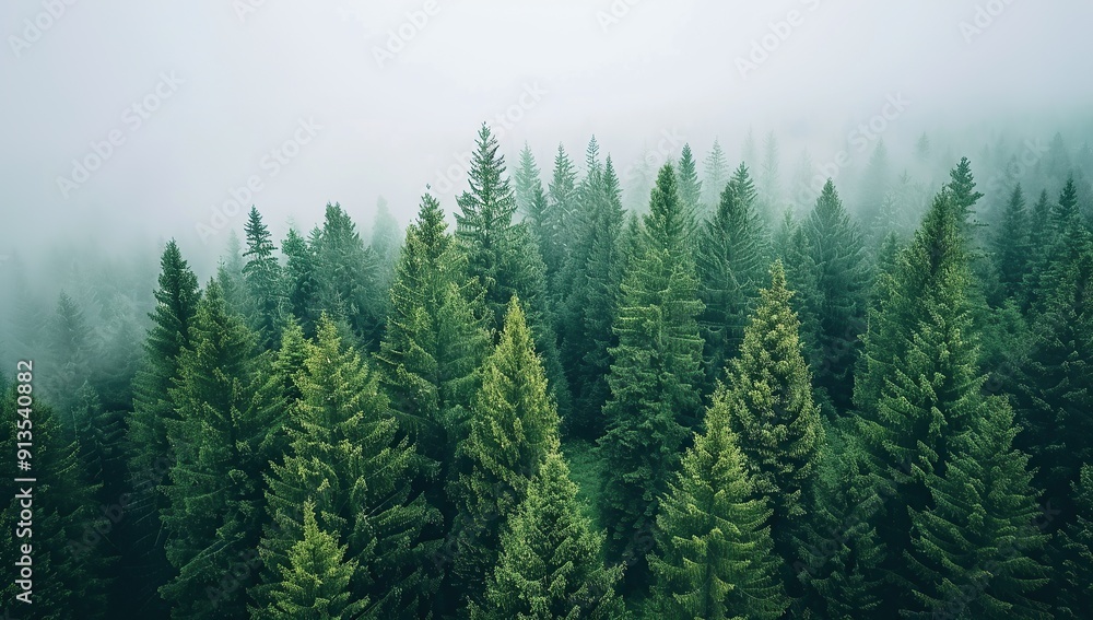Aerial view of tall green pine trees in a forest with an overcast sky Aerial view of tall green pine trees in a forest with an overcast sky