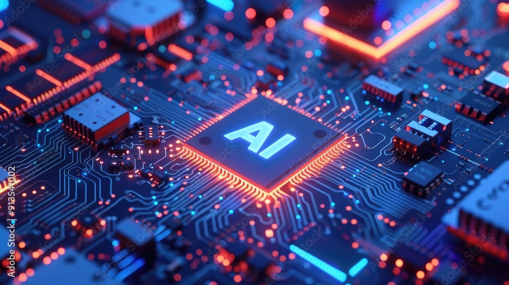 Abstract Representation of Advanced Circuit Board Technology Featuring AI Chip Design Illuminated in Vibrant Colors Abstract Representation of Advanced Circuit Board Technology Featuring AI Chip Design Illuminated in Vibrant Colors