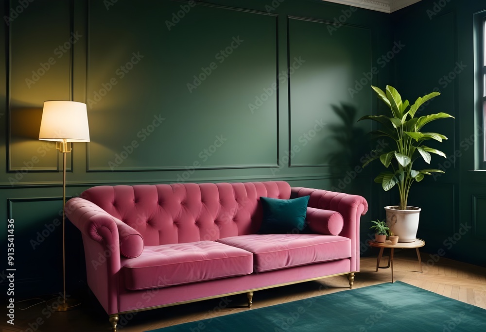 Interior of A pink tufted chesterfield sofa in a dark room with wooden paneled walls Interior of A pink tufted chesterfield sofa in a dark room with wooden paneled walls