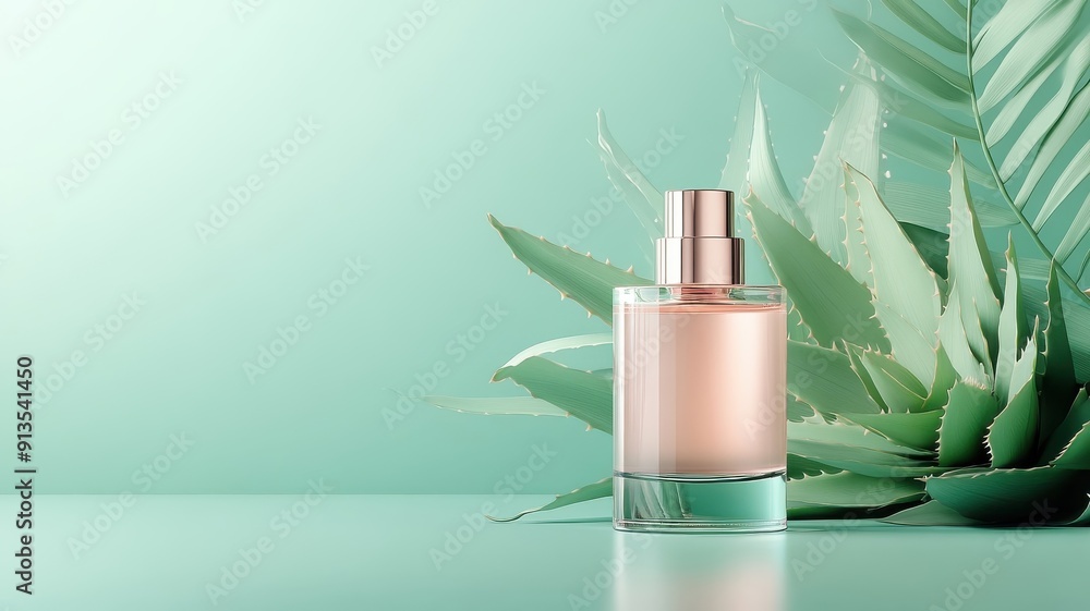 Transparent cream bottle with pearlescent contents surrounded by stylized aloe vera leaves. Transparent cream bottle with pearlescent contents surrounded by stylized aloe vera leaves.