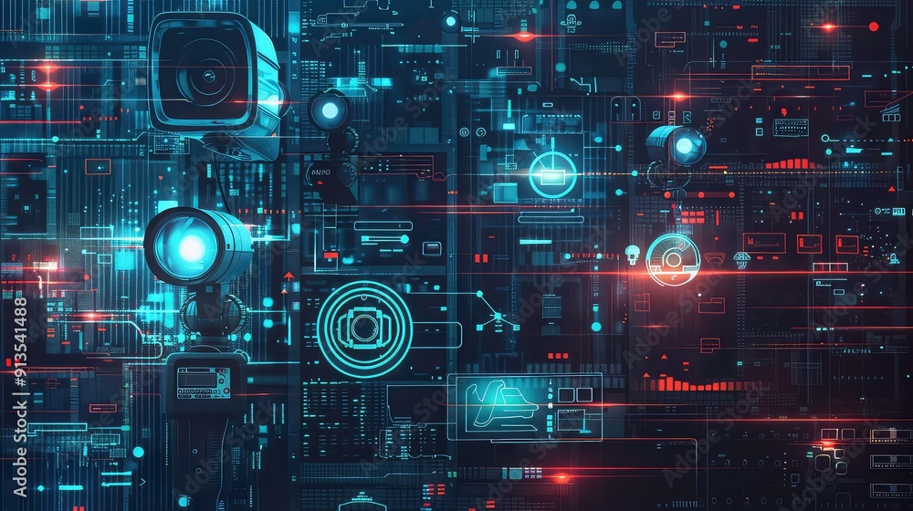 A futuristic interface with multiple camera lenses, data streams, and an array of digital interfaces, creating a sense of constant surveillance and monitoring. A futuristic interface with multiple camera lenses, data streams, and an array of digital interfaces, creating a sense of constant surveillance and monitoring.