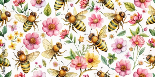 Watercolor Floral and Bee Seamless Pattern, Watercolor Illustration, Floral Pattern, Bee Illustration, Nature Pattern, flowers, bees