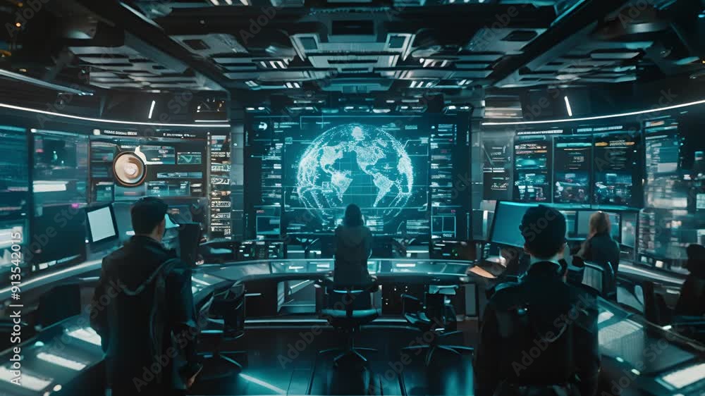 Futuristic Control Room with Global Monitoring Futuristic Control Room with Global Monitoring