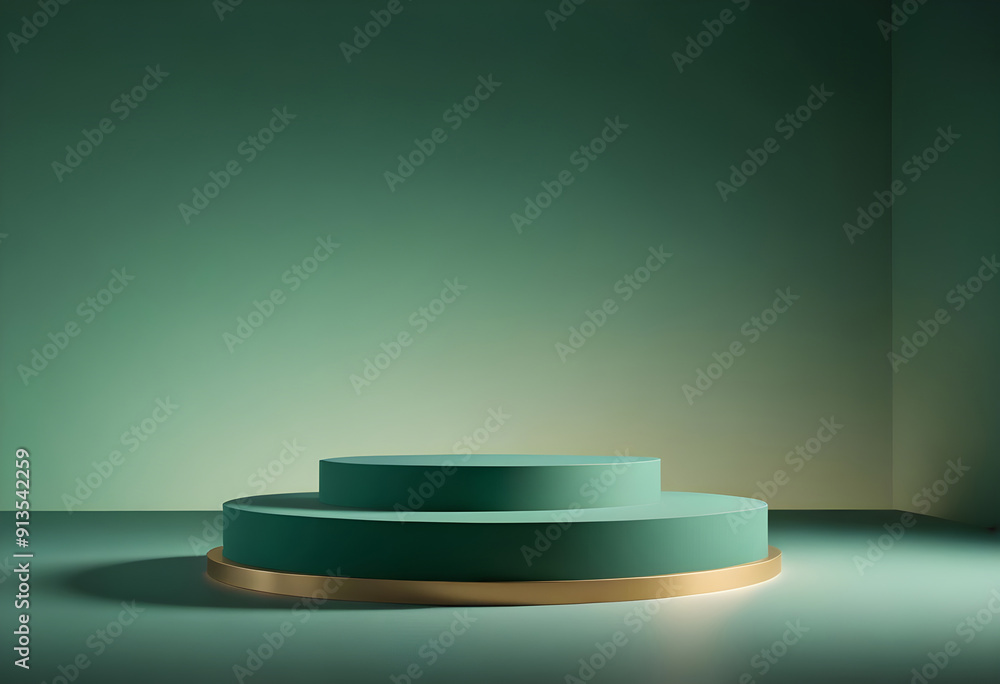 Emerald green product display stand There is a gold border at the bottom. Set on a green gradian background Emerald green product display stand There is a gold border at the bottom. Set on a green gradian background