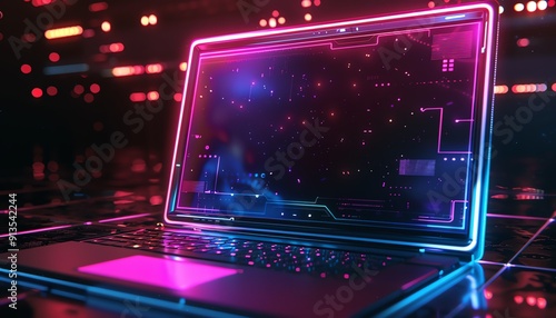 Neonlit laptop with glowing pink and blue frame, dark background, futuristic tech vibe