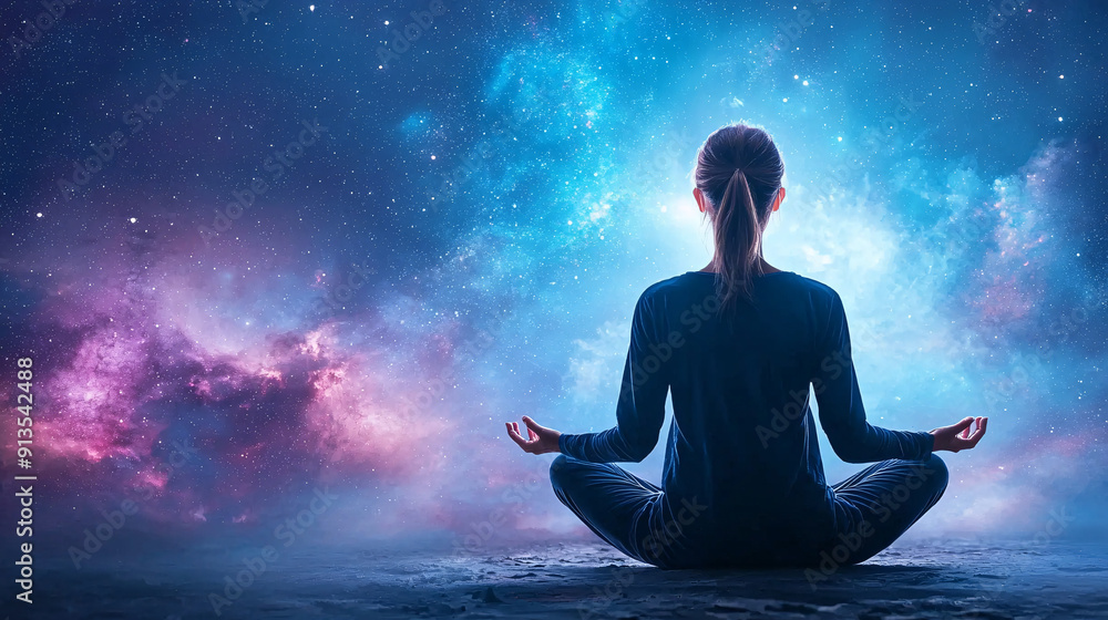 A woman is sitting in a lotus position in front of a starry sky. Concept of peace and tranquility, as the woman is in a meditative state. A woman is sitting in a lotus position in front of a starry sky. Concept of peace and tranquility, as the woman is in a meditative state.