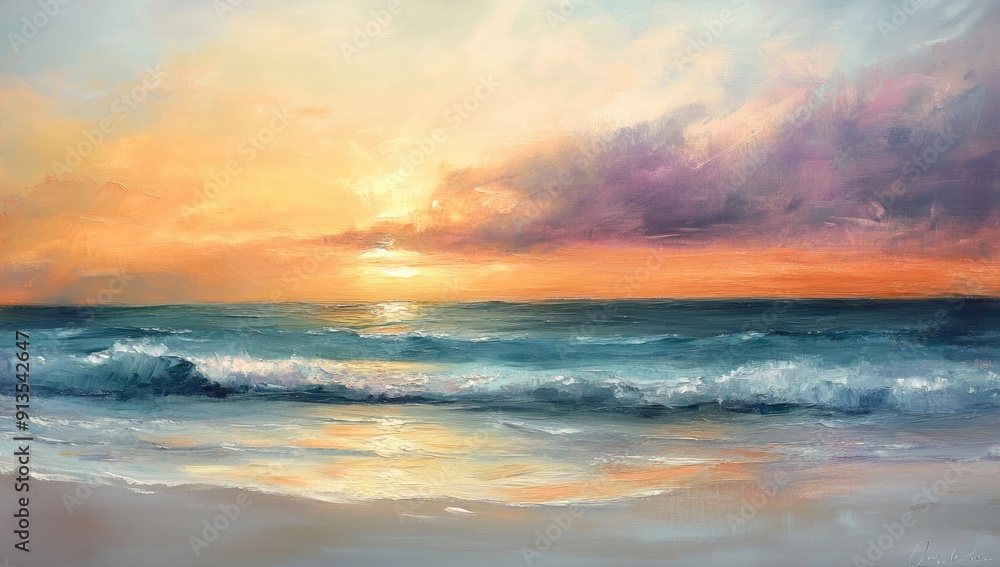 Obraz premium Serene Sunrise Over Tranquil Seascape With Soft Waves and Gentle Clouds at Dawn