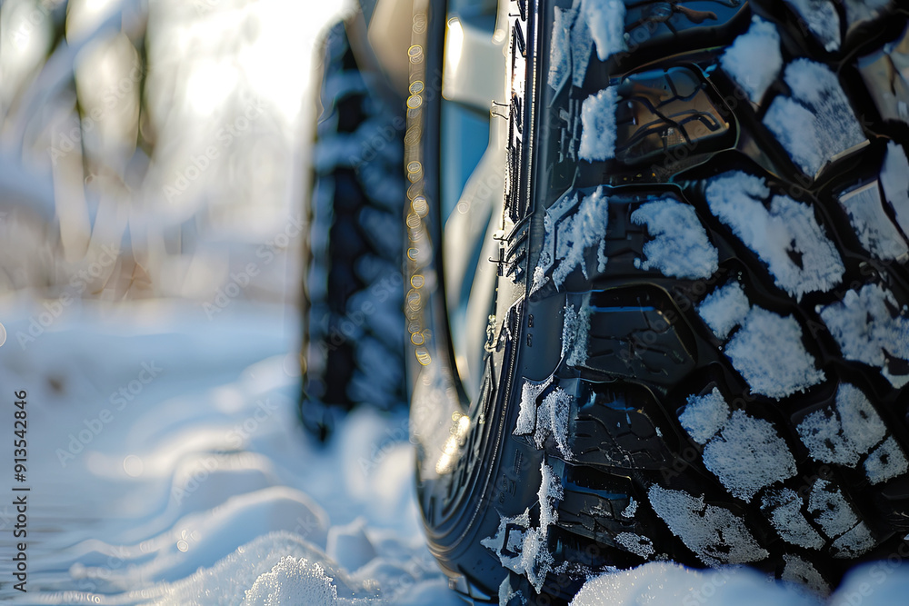 A set of winter tires with snow in the background A set of winter tires with snow in the background