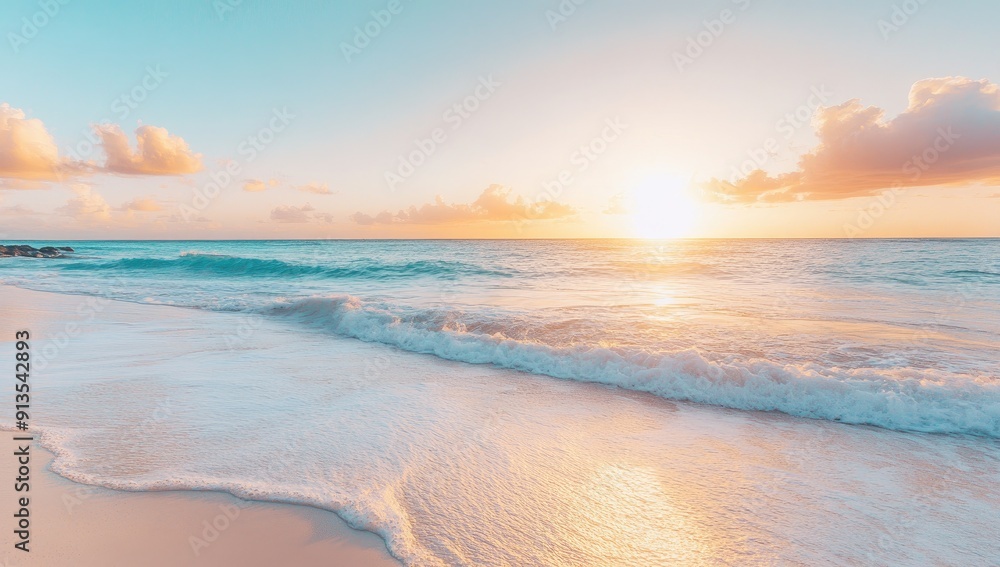 Fototapeta premium Stunning Turquoise Ocean Waves Gently Lapping Against Golden Sand at Sunset, Shoreline