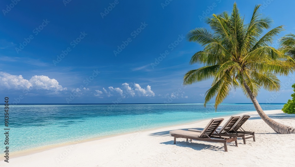 Serene Tropical Beach With Palm Tree and Two Comfortable Sunbeds Under Clear Blue Skies Serene Tropical Beach With Palm Tree and Two Comfortable Sunbeds Under Clear Blue Skies