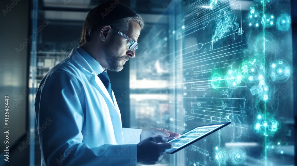 A medical professional uses a tablet to access digital health records, A medical professional uses a tablet to access digital health records,
