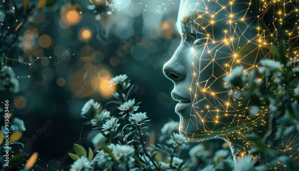Woman Surrounded by Flowers With Neon Lines and Lights During Twilight in a Forest Woman Surrounded by Flowers With Neon Lines and Lights During Twilight in a Forest