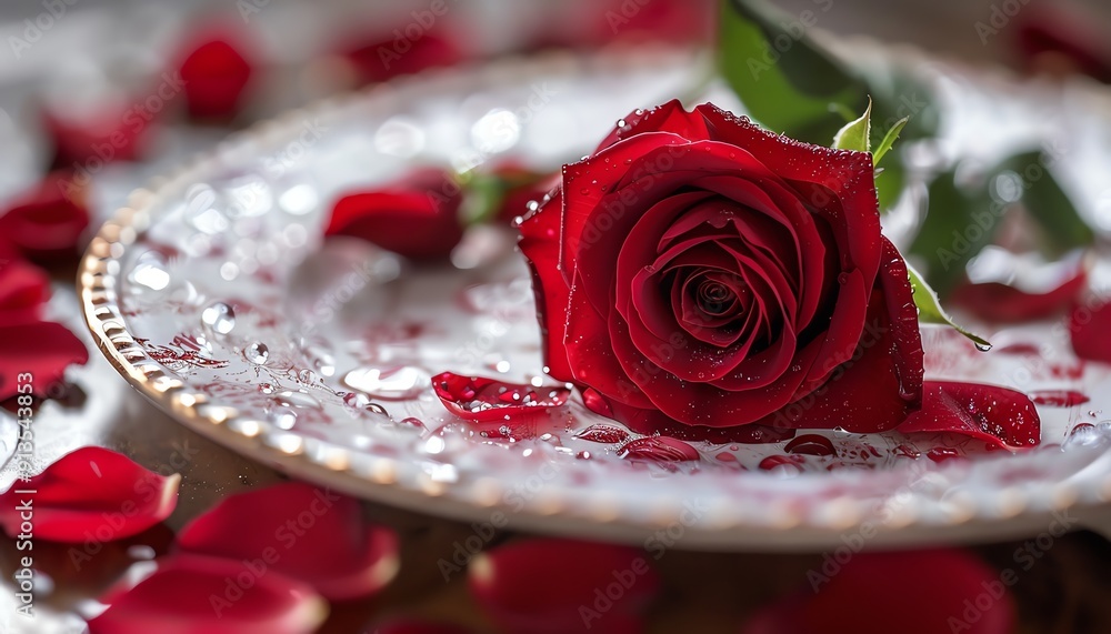 Red rose with dewdrops on a plate, surrounded by petals Red rose with dewdrops on a plate, surrounded by petals