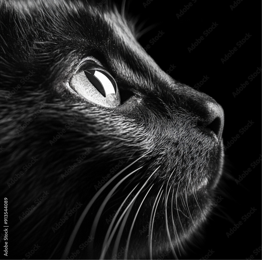 Black cat green eyes looking up, close up of black cat eye Black cat green eyes looking up, close up of black cat eye