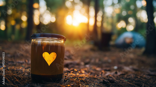 Kaffee im Wald früh am Morgen bei Outdoor Abenteuer wie Zelten oder Camping mit Herztasse Kaffeeherz wohlfühlen Generative AI photo