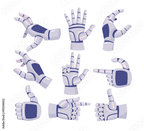 Set of Robot hand set collection, robot mechanical arm with various gesture, artificial intelligence concept, cyborg hands, digital futuristic technology, bionic robotic finger, automation control.