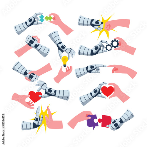 Set of Robot and human hands set collection, robot mechanical arm with various gesture, artificial intelligence, cyborg hands, digital futuristic technology, bionic communication partnership concept.