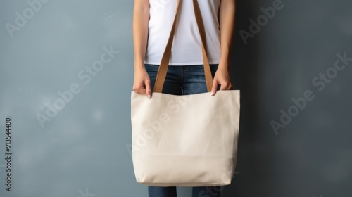 A stylish woman poses with a blank canvas tote bag over her shoulder