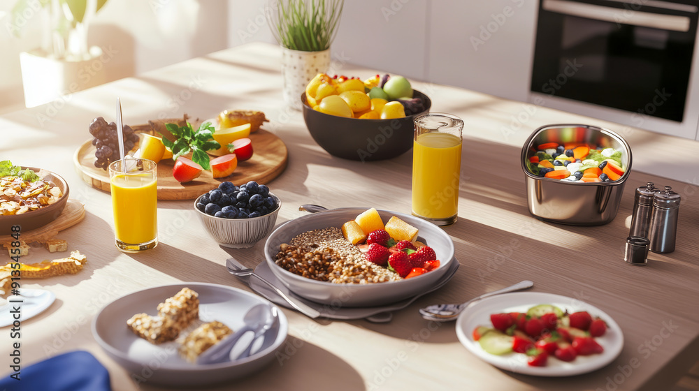 Bright and Inviting Breakfast Spread with Fresh Fruits and Juice Bright and Inviting Breakfast Spread with Fresh Fruits and Juice