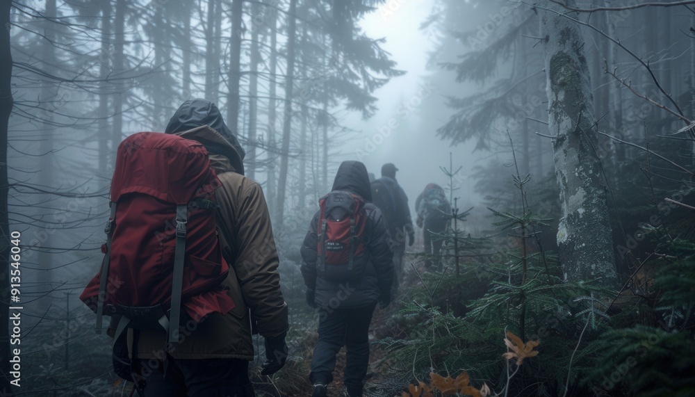 Hikers Exploring a Misty Forest Trail on a Chilly Autumn Morning Hikers Exploring a Misty Forest Trail on a Chilly Autumn Morning
