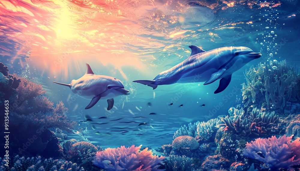 Fototapeta premium Two dolphins swimming in an underwater coral landscape at sunset