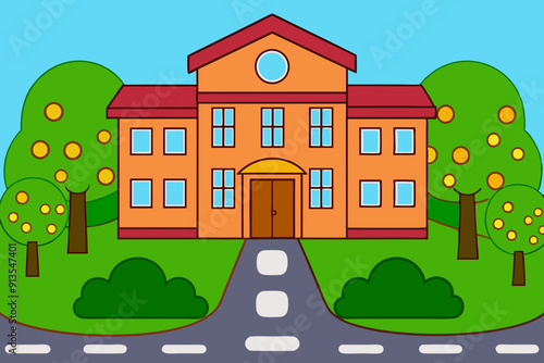 Cartoon School House Illustration. School building on a green lawn and road between trees vector art on a white background.