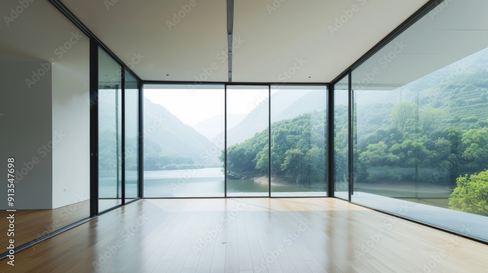Fototapeta premium A spacious living room with blurry green mountains in the distance and a river in the foreground. An open space. Large floor-to-ceiling windows with very thin black frames.
