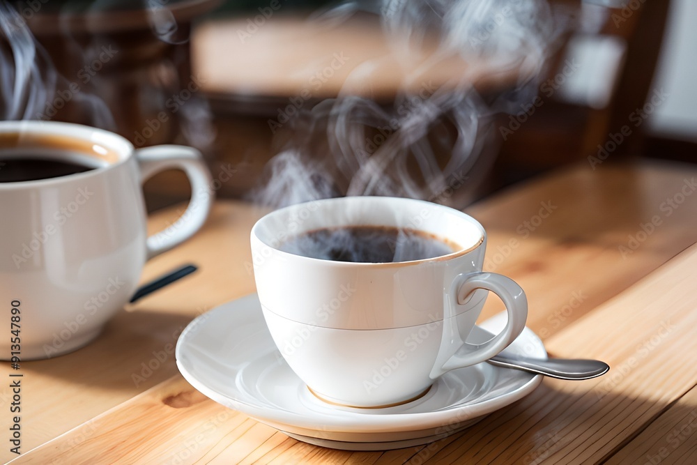A steaming cup of coffee sits on a white saucer with a small spoon, placed on a wooden table. A steaming cup of coffee sits on a white saucer with a small spoon, placed on a wooden table.