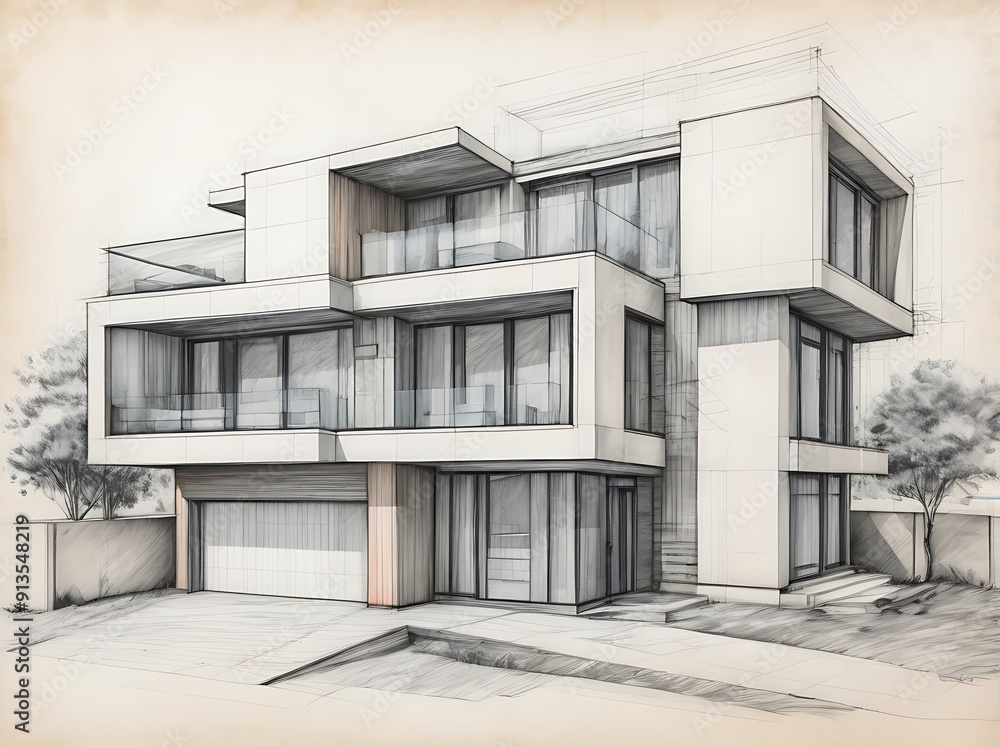 contemporary architectural sketch with pencil and markers of a house facade technical drawn background contemporary architectural sketch with pencil and markers of a house facade technical drawn background