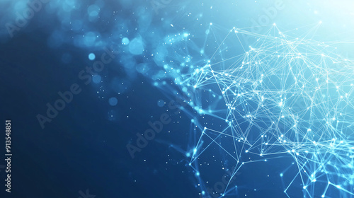 abstract background featuring a gradient of blue hues. The design is composed of interconnected white lines and nodes, forming a geometric network pattern
