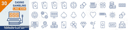 Casino Gambling line icon set. Set of 30 outline icons related to slot machine, playing cards, roulette, horseshoe and dealer, clover, chip and money. Casino Gambling outline icons collection.