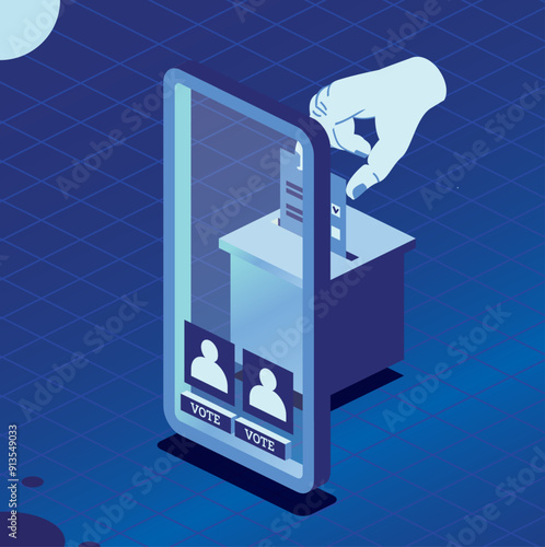 Isometric online voting and election concept using the smartphone. People vote online using mobile app to choose their candidate.